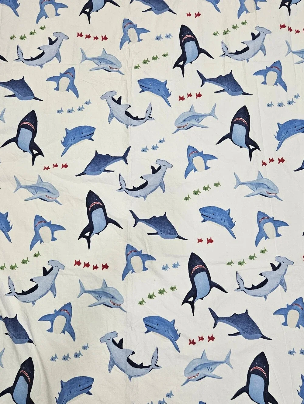 Pottery Barn Kids Shark Bite TWIN Flat Sheet Blue White Cotton Ocean Nautical